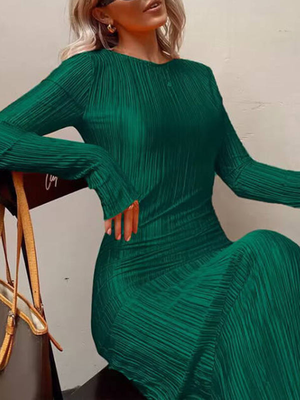Long Sleeves Skinny Pleated Color Split-joint Round-neck Maxi Dresses