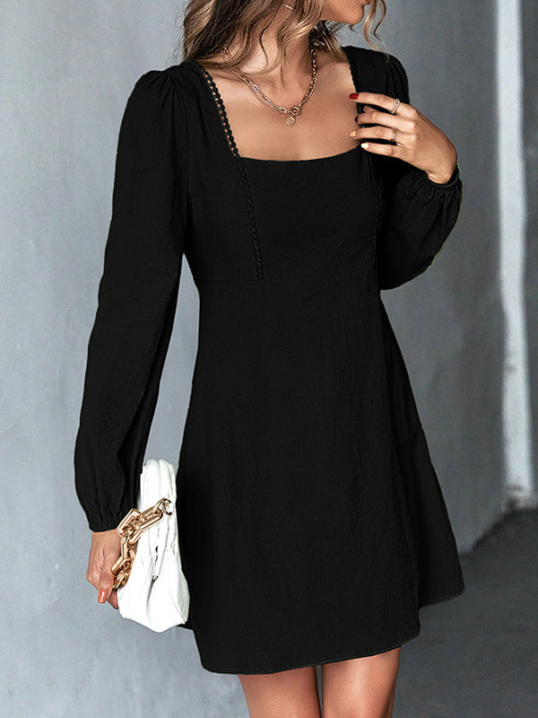 A-line High Waisted Color Split-joint Square-neck Mini Dresses