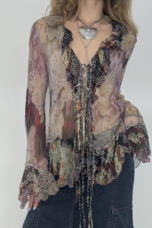 Print Contrast Mesh Tie Blouse