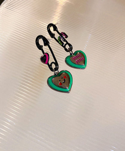 Green Alloy Zircon Graphic Love Drip Glaze Drop Earrings