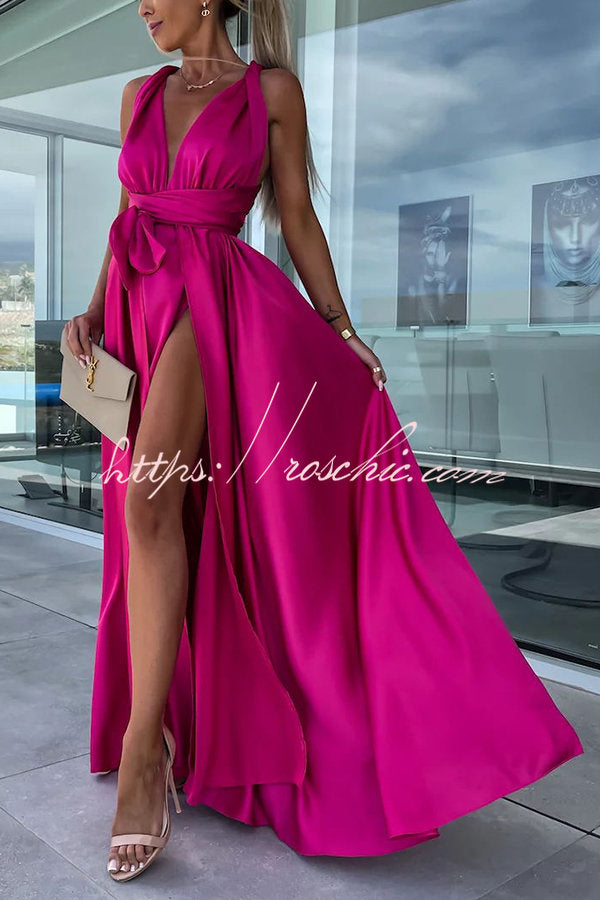 Different Effects Satin Free Tie Neck Slit Maxi Dress