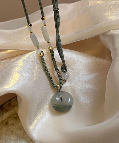 Retro Green Weaving Jade Ping an Buckle Pendant Necklace