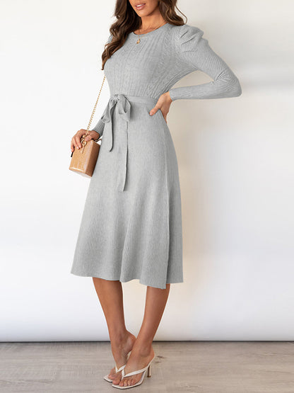 High Waisted Long Sleeves Color Tied Waist Round-neck Midi Dresses Sweater Dresses