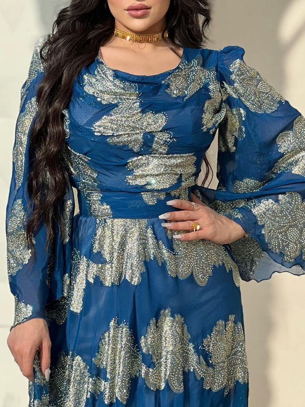 Flared Sleeves Printed Split-side Evening Dresses Maxi Dresses