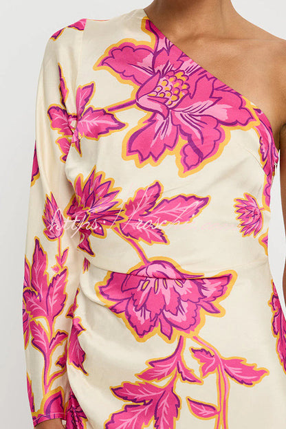 Rhia Satin Print One Shoulder Flared Maxi Dress