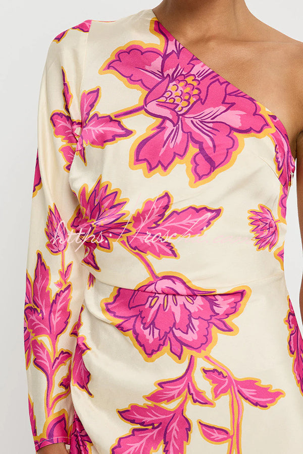 Rhia Satin Print One Shoulder Flared Maxi Dress