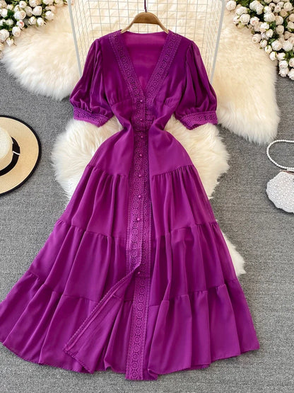 New Party Dress Summer Puff Sleeve V Neck Lace Single-breasted Long Dresses a Line Long Robe