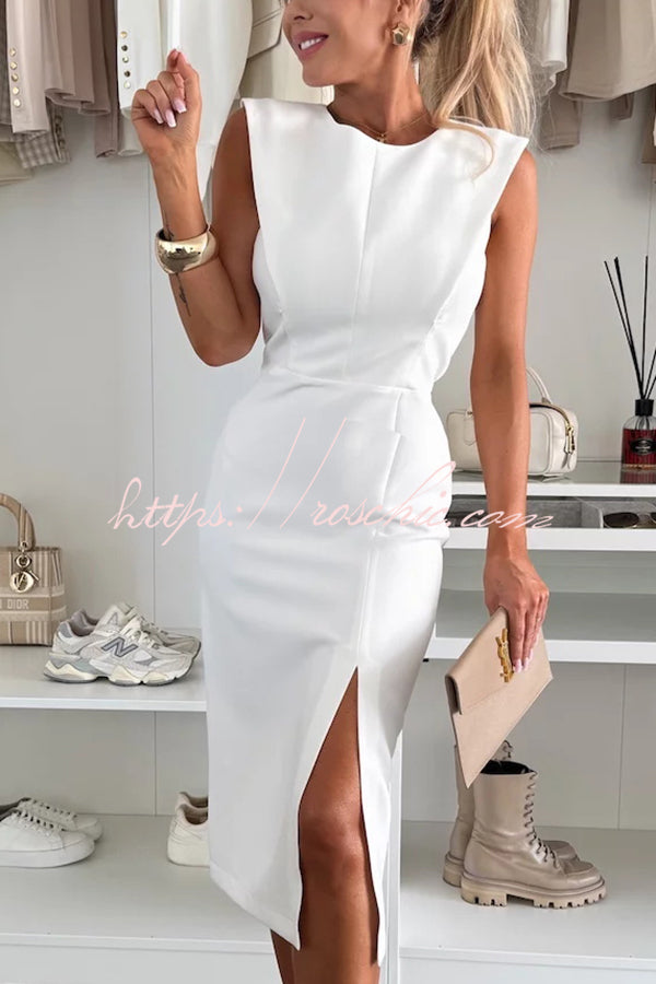 Charming Lady Color Round Neck Sleeveless Waisted Slit Stretch Midi Dress