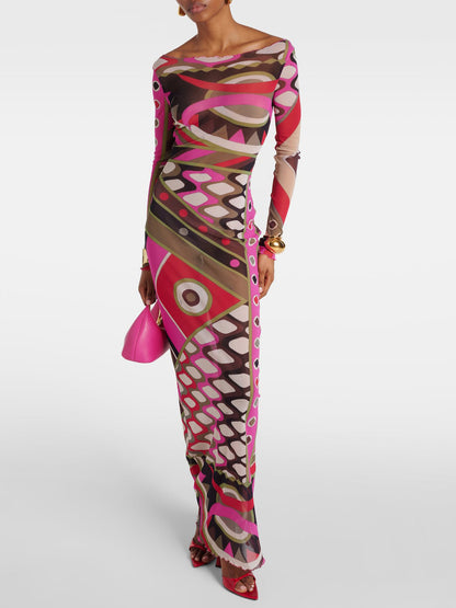 Retro Personality Abstract Print Hip-wrapped Maxi Dress