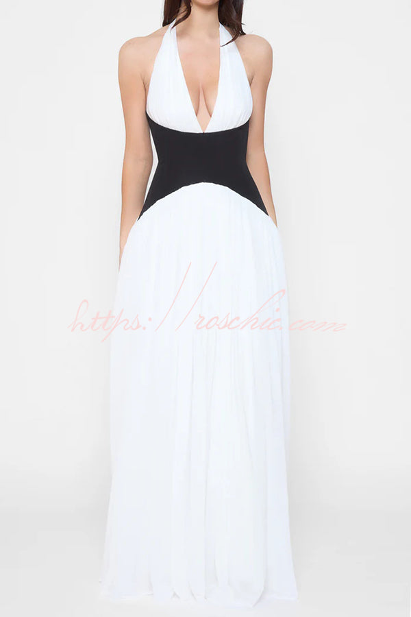 Fashionable Color Matching Halter Neck Waist Maxi Dress