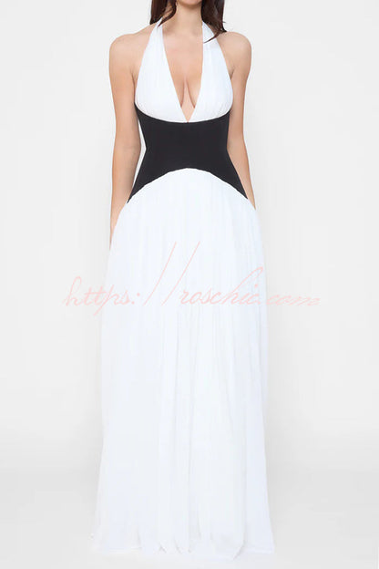 Fashionable Color Matching Halter Neck Waist Maxi Dress