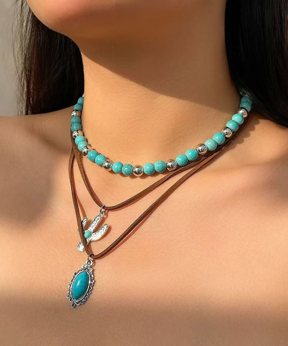 Unique Alloy Turquoise Beading Cactus Three Piece Set Pendant Necklace