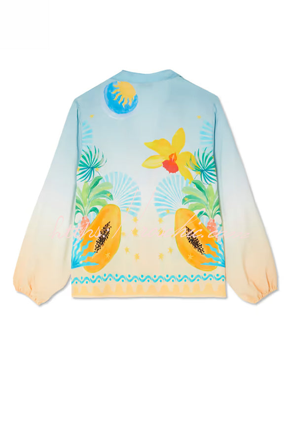 See You in Rio Tropical Fruits Print Button Long Sleeve Loose Blouse