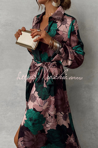 Print Lapel Waisted Lace-up Long-sleeve Maxi Dress
