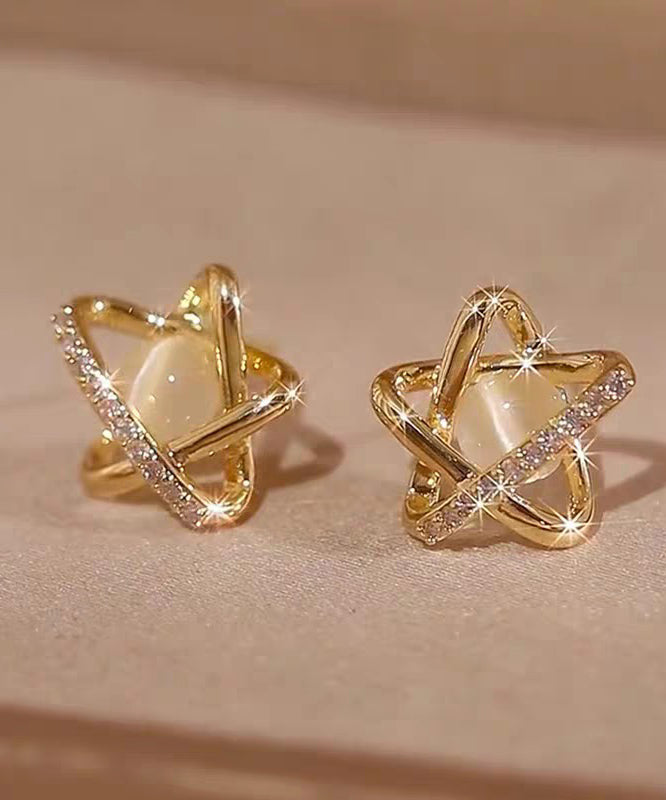 Modern Gold Copper Overgild Zircon Cat's Eye Stud Earrings