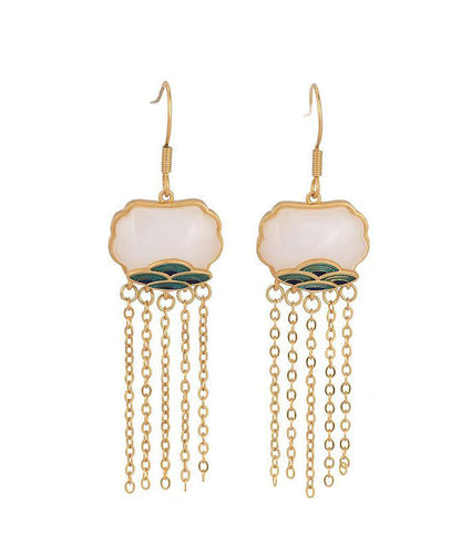 White Ancient Gold Inlaid Jade Enamel Tassel Drop Earrings
