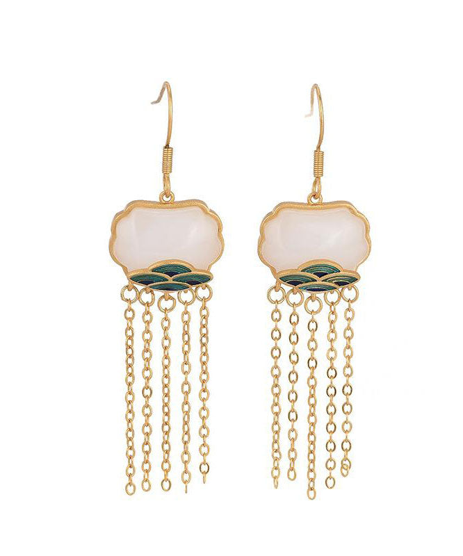 White Ancient Gold Inlaid Jade Enamel Tassel Drop Earrings