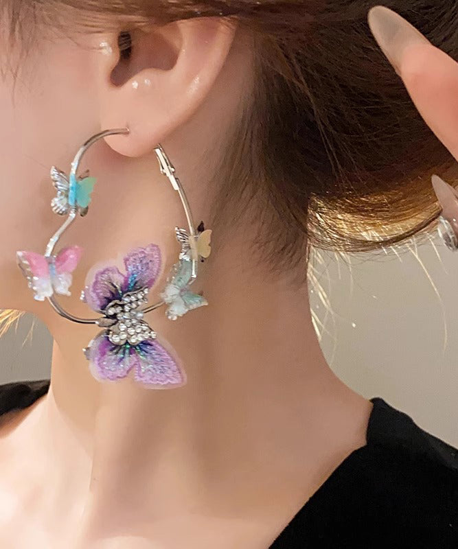 Purple Alloy Zircon Knit Butterfly Hoop Earrings