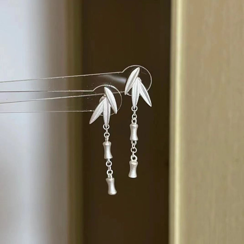 Silk Sterling Silver Bamboo Leaves Wind Chime Drop Earrings