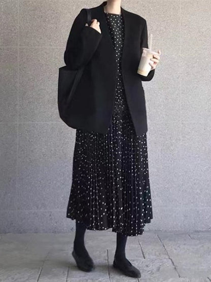 Long Sleeves Loose Elasticity Pleated Polka-dot Split-joint Round-neck Midi Dresses
