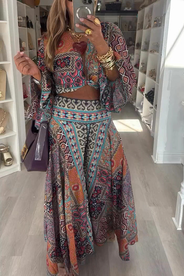 Unique Print Balloon Sleeve Crop Top and Elastic Waist Wide-leg Pants Set