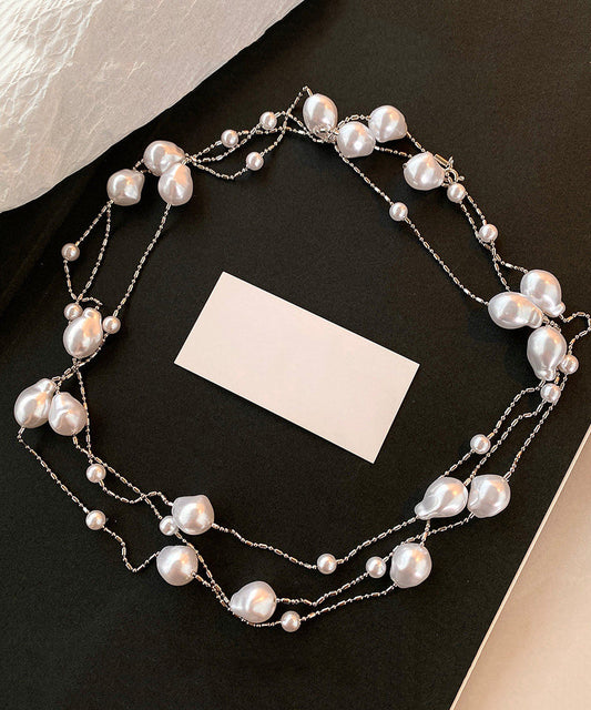 Fine White Asymmetry Pearl Copper Long Sweater Necklace