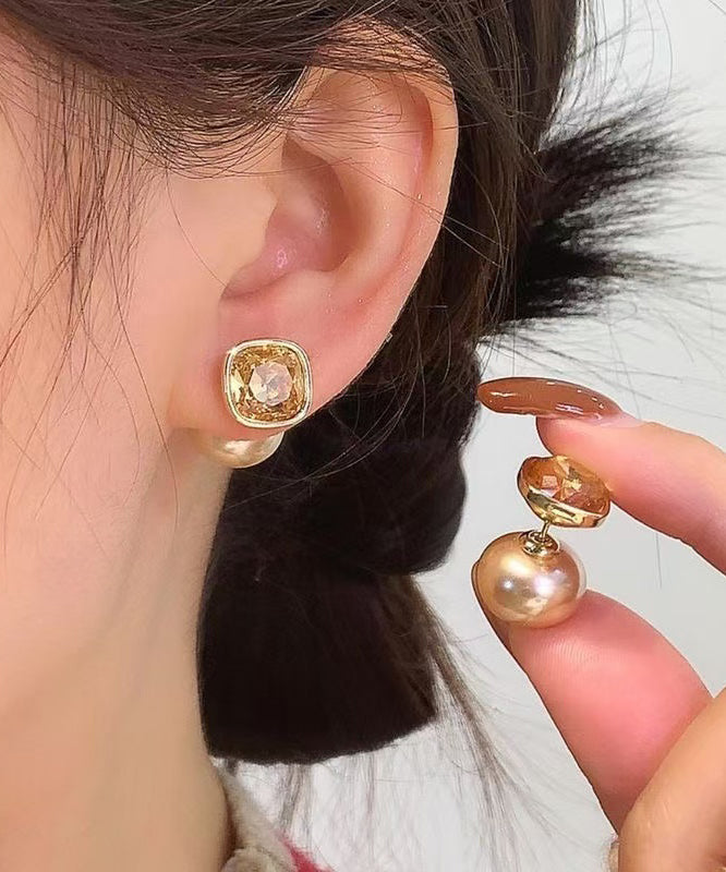 Champagne Copper Overgild Pearl Two Ways of Wearing It Stud Earrings