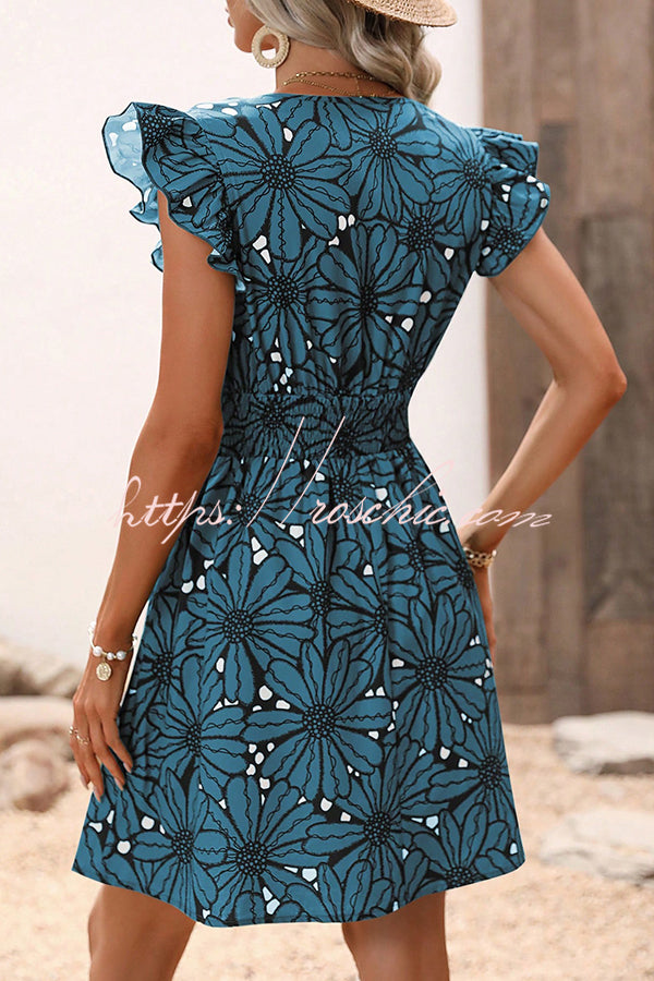 Wonderful Weekend Print Ruffle Sleeve Elastic Waist Mini Dress