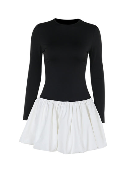 Long Sleeves Skinny Contrast Color Pleated Split-joint Round-neck Mini Dresses