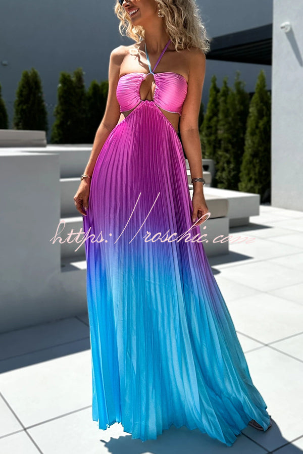 Get Ready Gradient Print Cutout Halterneck Pleated Maxi Dress