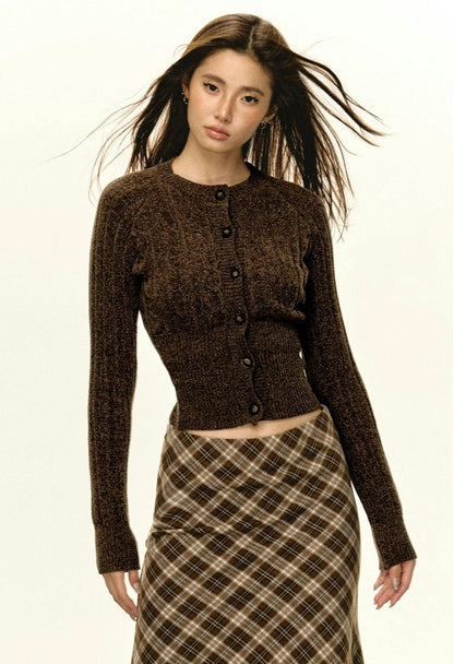 Brown Fitted Ribbed Button Cardigan