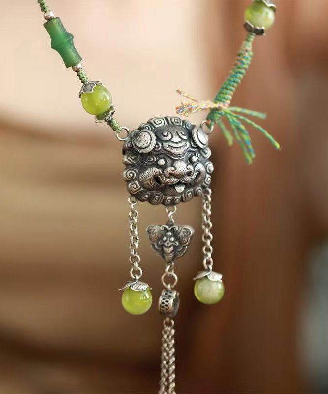 Green Sterling Silver Jade Tassel Lariat Necklace