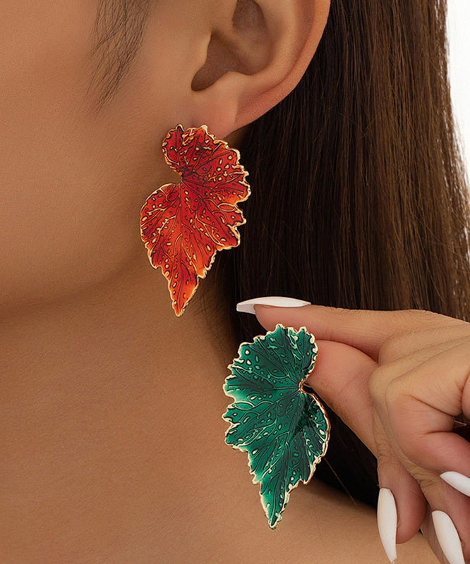 Red Copper Overgild Copper Leaves Stud Earrings