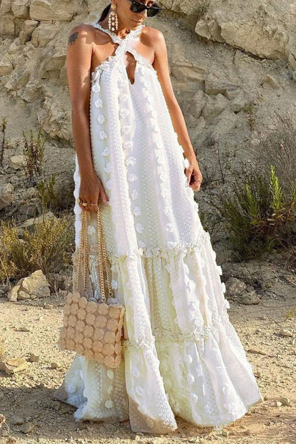 Sweet by the Sea Flower Decor Halter Maxi Dress