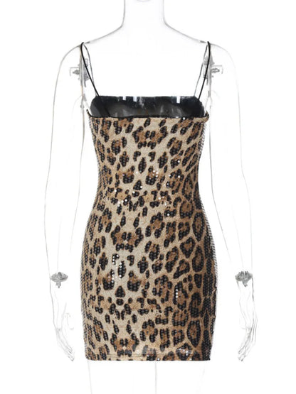 Spaghetti Strap Leopard Print Mini Dress for New Sleeveless Backless Skinny Night Club Party Dress