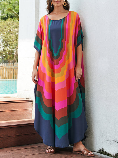Batwing Sleeves Loose Contrast Color Printed Sun Protection Round-neck Maxi Dresses