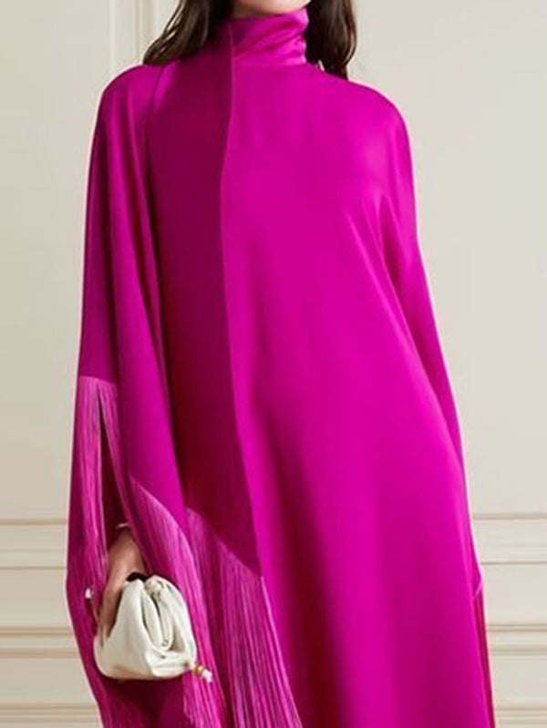 Batwing Sleeves Loose Color Split-joint Tasseled High Neck Evening Dresses Maxi Dresses