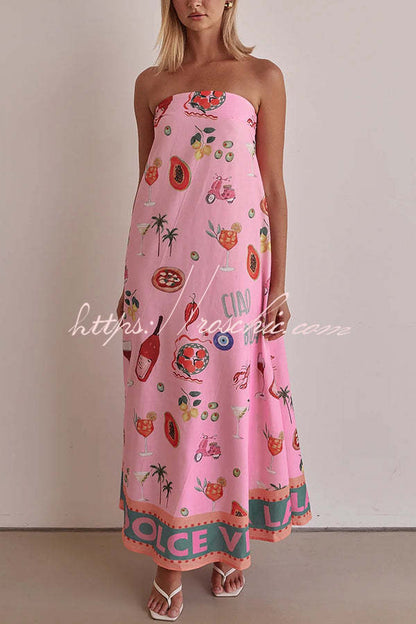 Feeling Fun Linen Blend Unique Print Off Shoulder Loose Maxi Dress