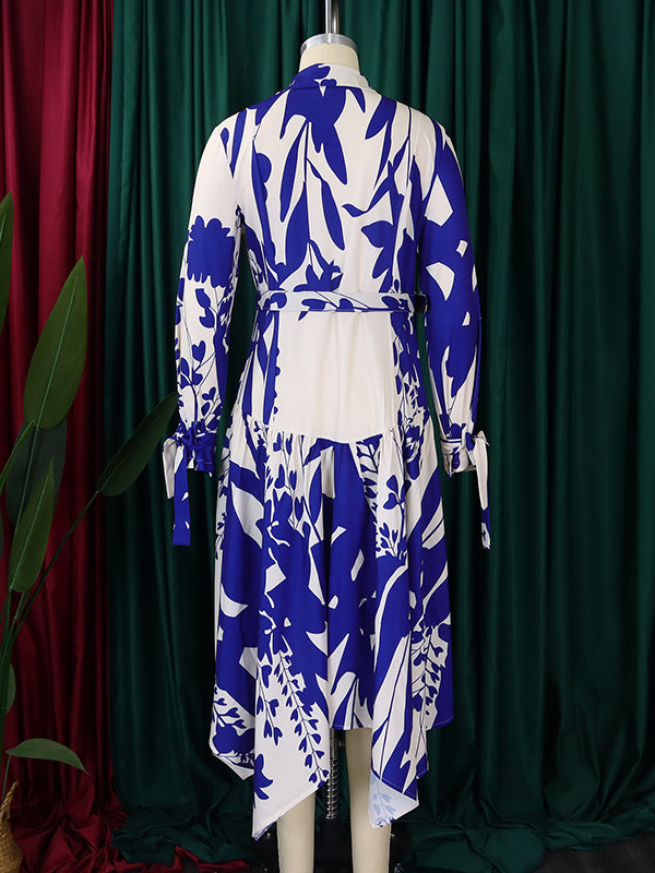 Irregular Clipping Long Sleeves Lace-up Pleated Printed Split-joint Tied Waist Lapel Maxi Dresses Shirt Dress