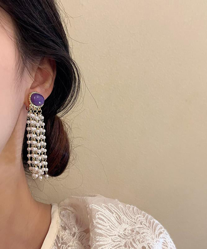 Purple Alloy Pearl Resin Tassel Drop Earrings