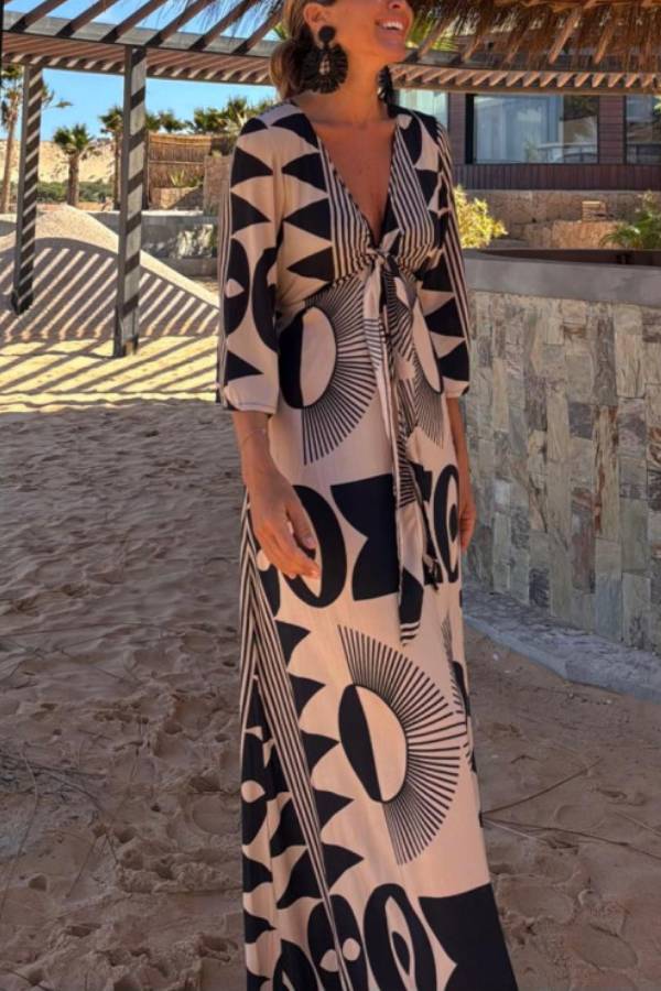 Unique Print V-neck Tie Loose Pocket Maxi Dress