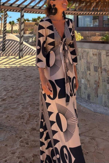 Unique Print V-neck Tie Loose Pocket Maxi Dress