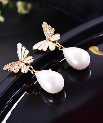 White Sterling Silver Zircon Butterfly Shell Water Drop Drop Earrings