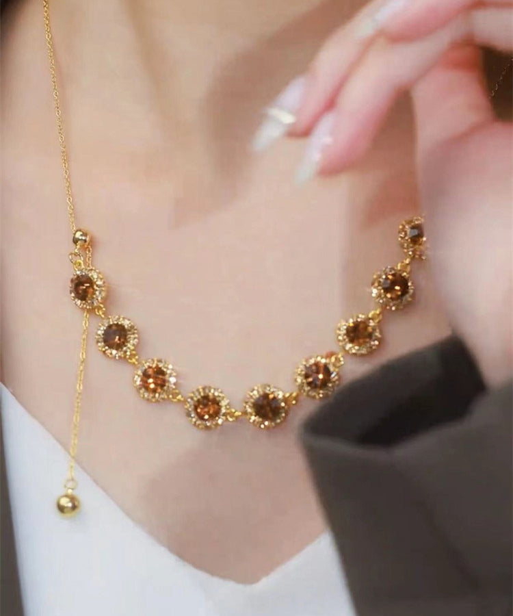Coffee Alloy Zircon Crystal Pull Type Lariat Necklace