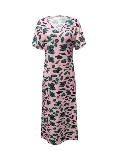 Loose Short Sleeves Printed Split-side V-neck Maxi Dresses