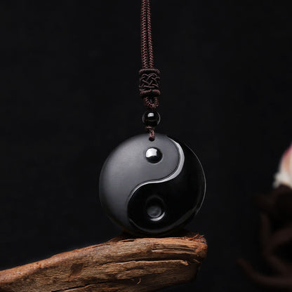 Buddha Stones Black Obsidian Taoism Five Sacred Mountains Nine-character Mantra Carved Purification Yin Yang Necklace Pendant