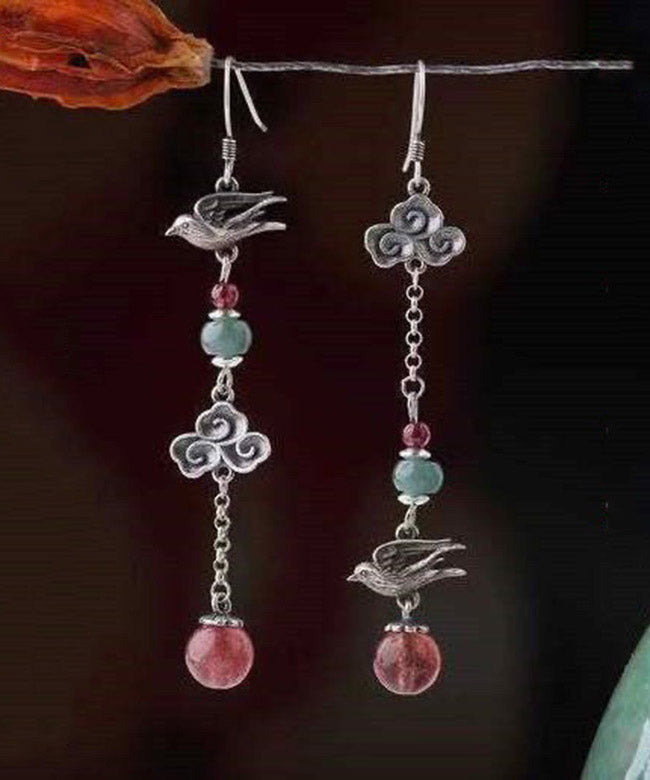 Sterling Silver Crystal Birds Over the Clouds Magpie Drop Earrings