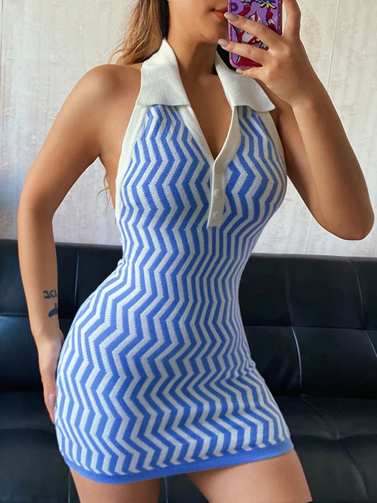 Halter Knitted V-neck Mini Dress for Striped Y2k Backless Slim Outfits Korean Sleeveless Dresses