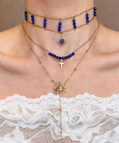 Blue Wenshixing Solar Tassel Layering Alloy Three Piece Set Pendant Necklace