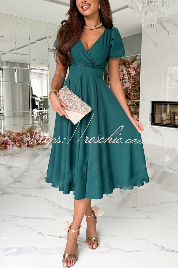 Zayla Color Puff Sleeve V-neck Waist Slim Fit Midi Dress
